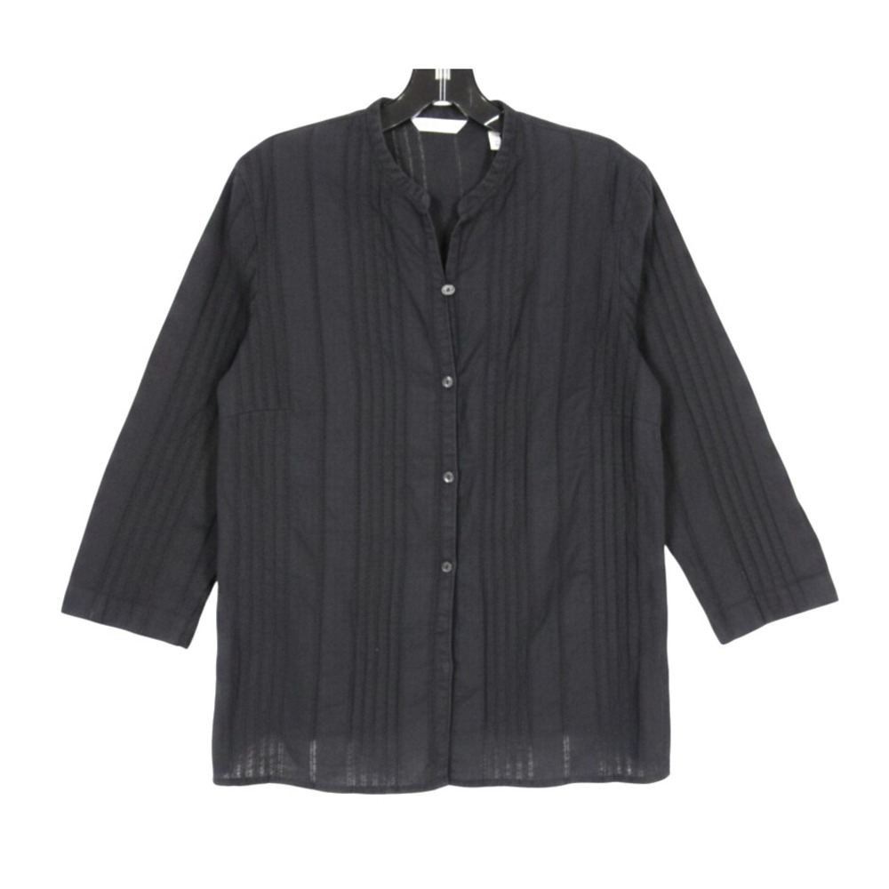 LAURA ASHLEY Black LINEN Semi-Sheer TEXTURED PLEATED Button-Up BLOUSE/TOP Sz M
